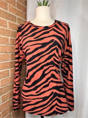 Inner Circle Zebra Print Top Large Coral Black Gold Button Shoulder Soft Stretch